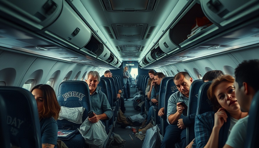 Chaotic airplane cabin after turbulence with disarranged items.