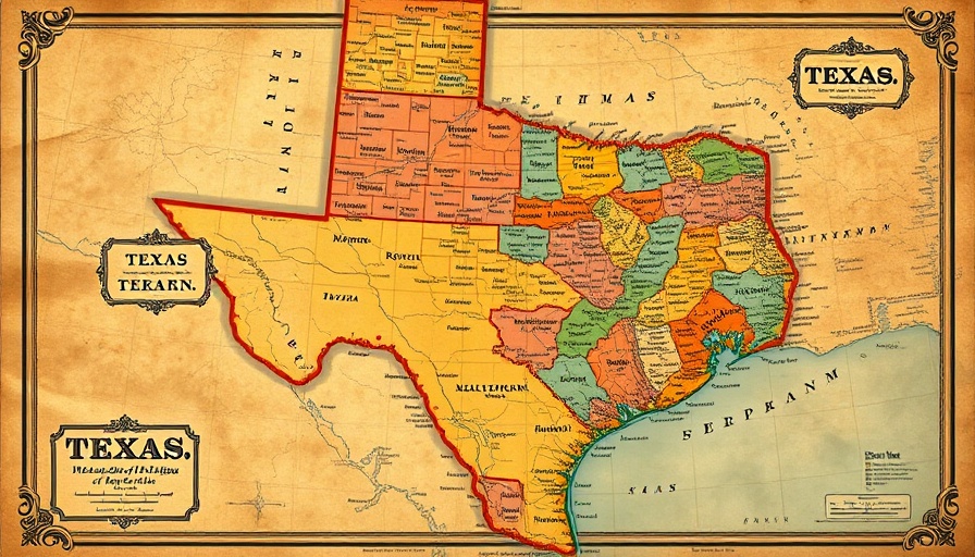 Antique Texas map with vibrant regions at a history exhibition.
