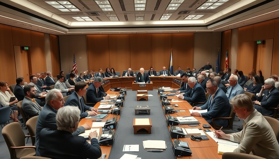Government officials discussing national budget news in meeting room.