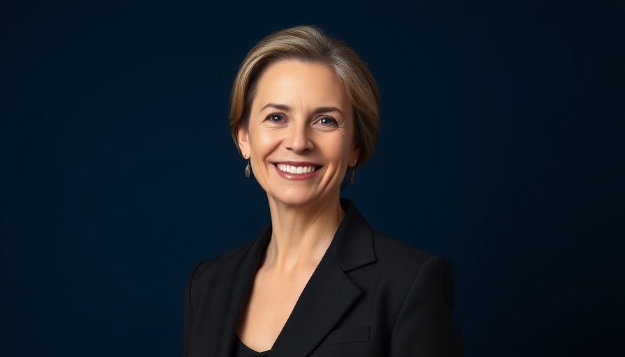 Smiling professional woman in a black suit against blue background - Houston corporate news.