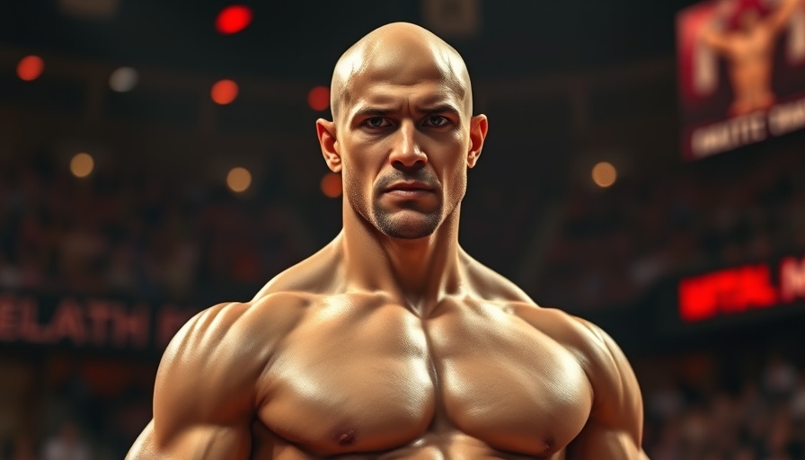 Muscular athlete with intense expression in a sports arena.