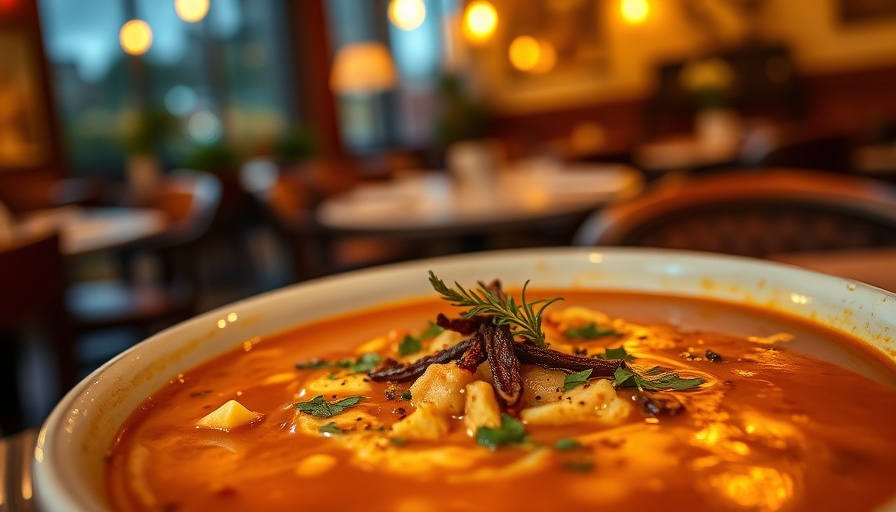 Persian cuisine in Austin: a beautifully garnished soup in a vibrant setting.