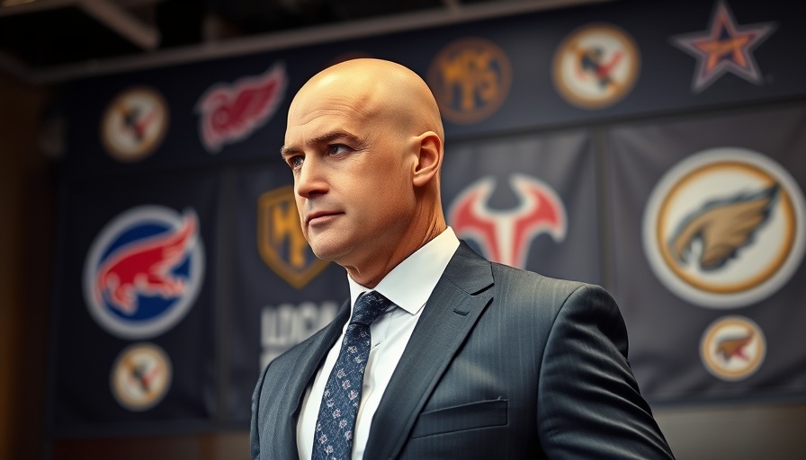 Bald man in a suit looking sideways at sports backdrop