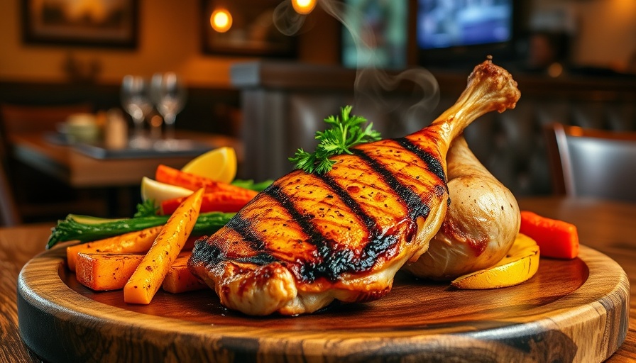 Grilled chicken dish with vegetables in Austin restaurant.