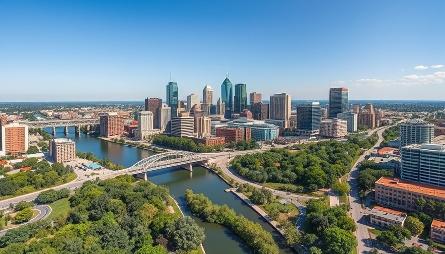 Aerial view of Austin, TX skyline with Colorado River, sunny day.