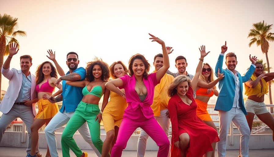 'Dancing with the Stars' season 34 cast in vibrant dance poses, sunset backdrop.