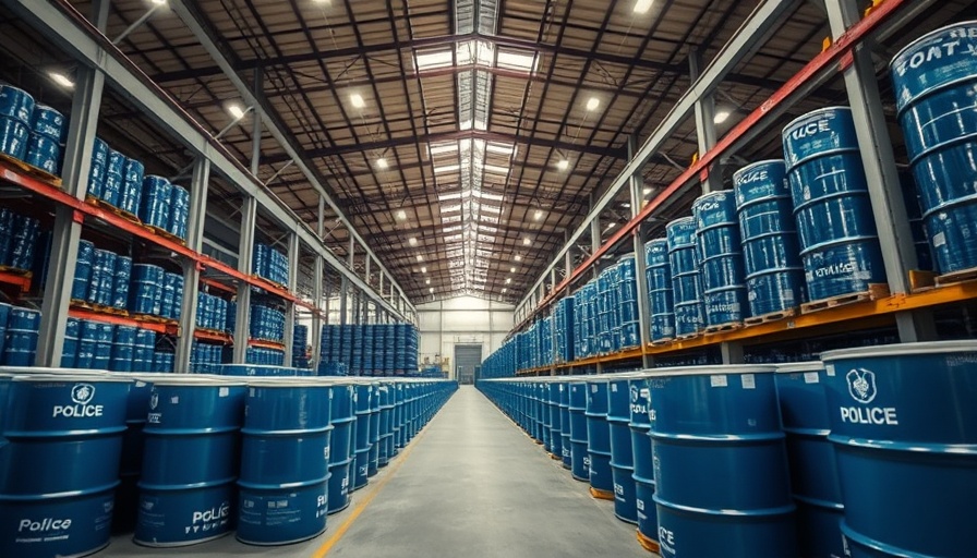 Massive meth chemical seizure scene in a large warehouse with barrels.