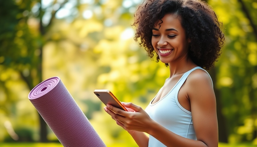 Smiling woman with yoga mat engaging in digital wellness habits outdoors.