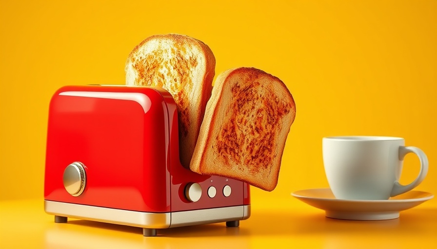Energetic early breakfast toast popping out of red toaster against yellow.