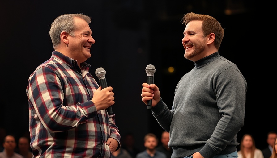 Two men speaking at Austin homeless support fundraiser event.