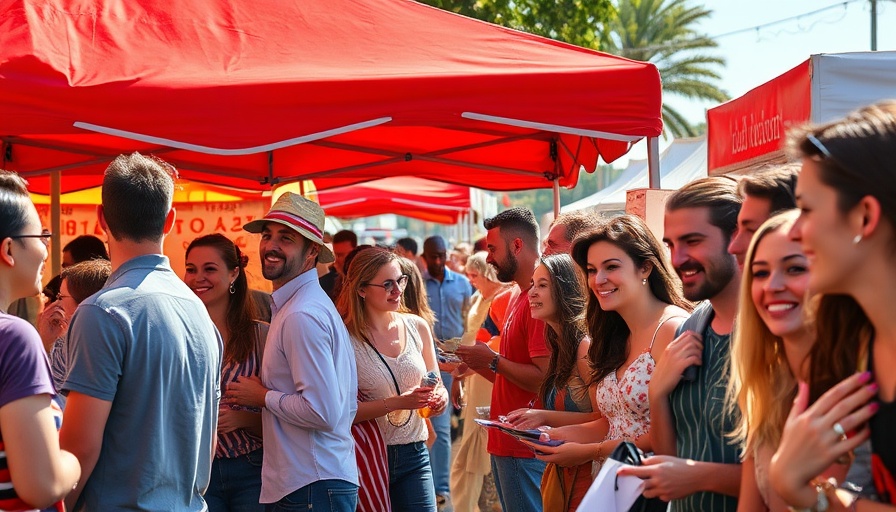 Lively group at Austin food festival under a red tent.