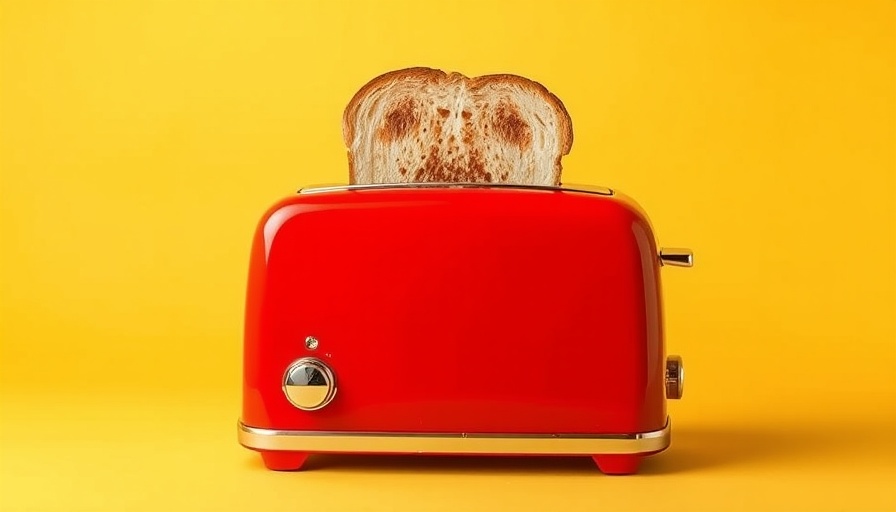 Bright red toaster with popping toast, early breakfast concept.