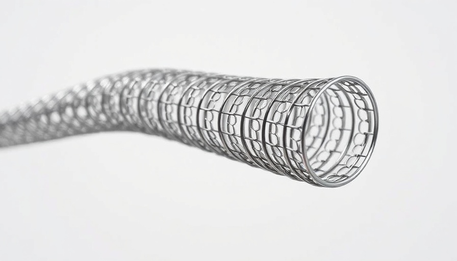 Close-up of metallic vascular stent structure in medical setting.