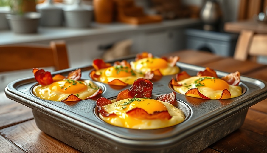 Delicious bacon egg and cheese bowls in muffin tray, rustic setting.