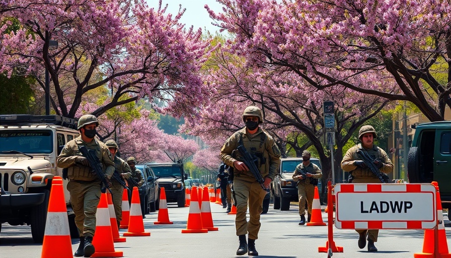 Group of soldiers walking near military vehicles in Los Angeles with jacaranda trees.