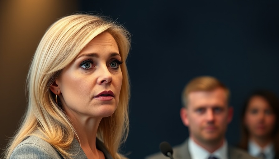 Blonde woman speaking indoors, addressing a crowd.