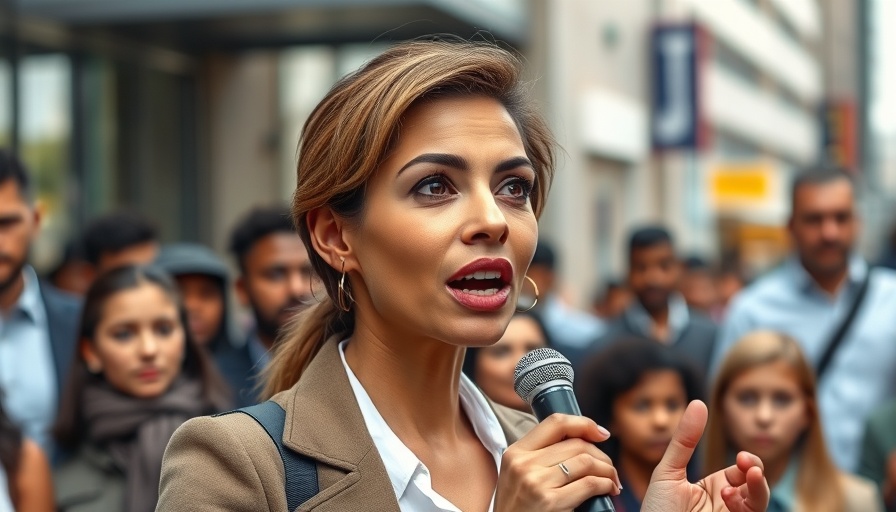 Confident woman discussing sanctuary city policies lawsuit at public gathering.