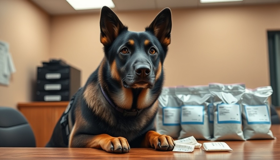 Austin meth seizure: police dog and meth bags on a table.