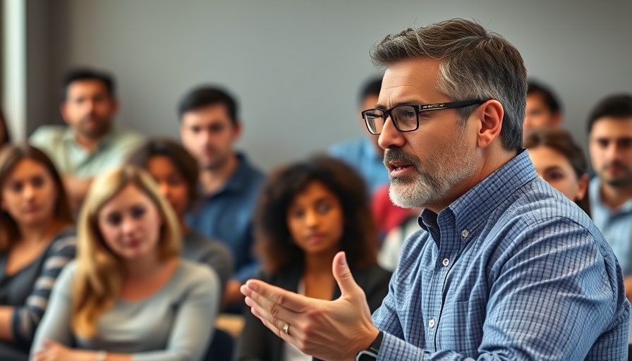 Professor lecturing in a college classroom, focusing on students.