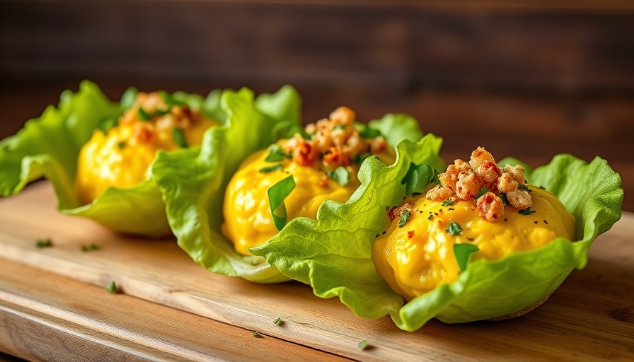 Soft scrambled egg lettuce cup with herbs, rustic setting.