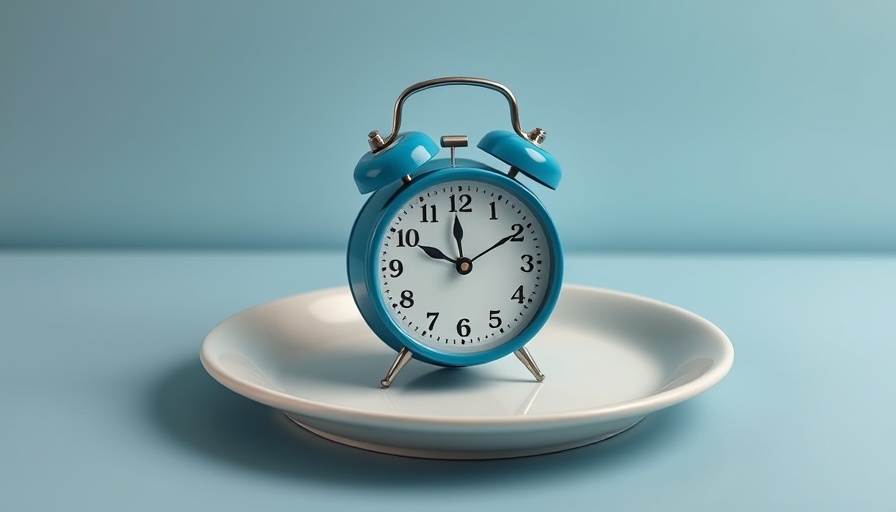 Alarm clock on plate illustrating breakfast timing concept.