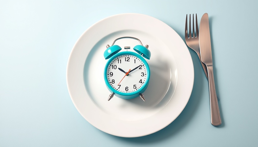 Turquoise clock on a plate with cutlery symbolizing breakfast timing.