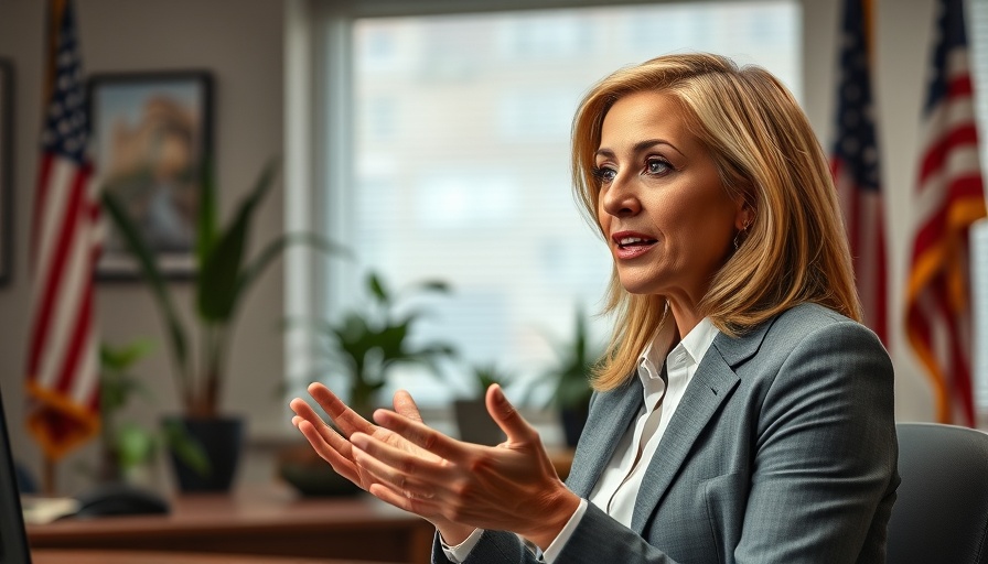 Woman speaking in office with American flag in background.