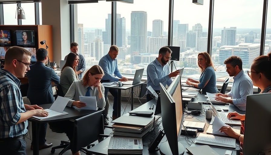 Lively Austin newsroom with journalists at work.