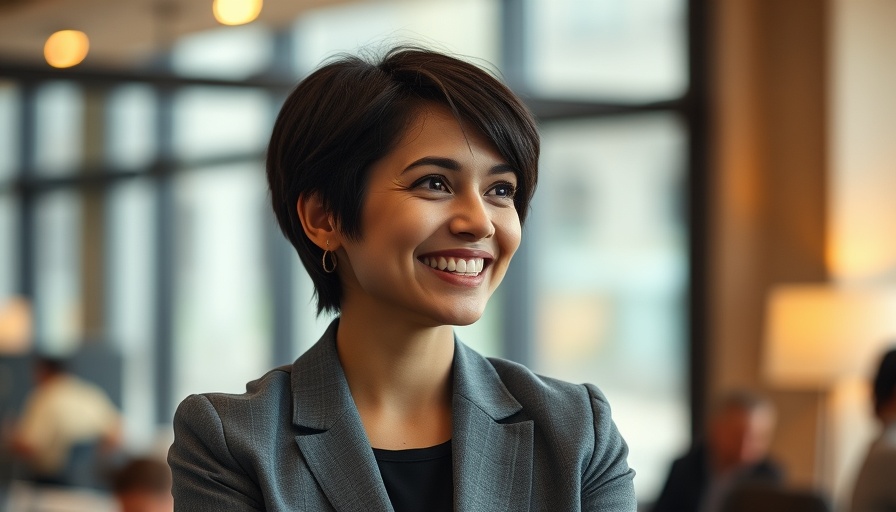 Smiling woman in grey blazer during indoor interview.