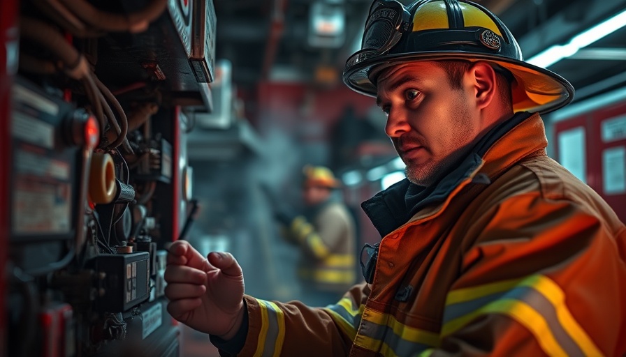 Firefighter checks equipment in Houston fire department, focusing on malfunctions.