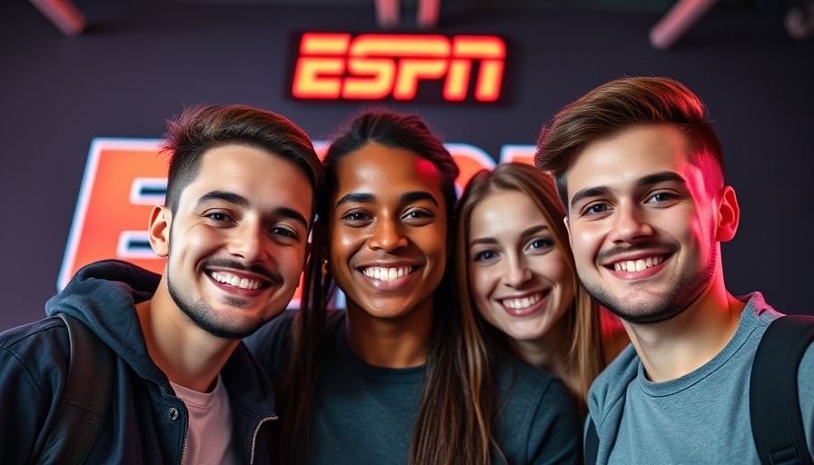 Young content creators posing in front of ESPN logo, sports social media breakthroughs.