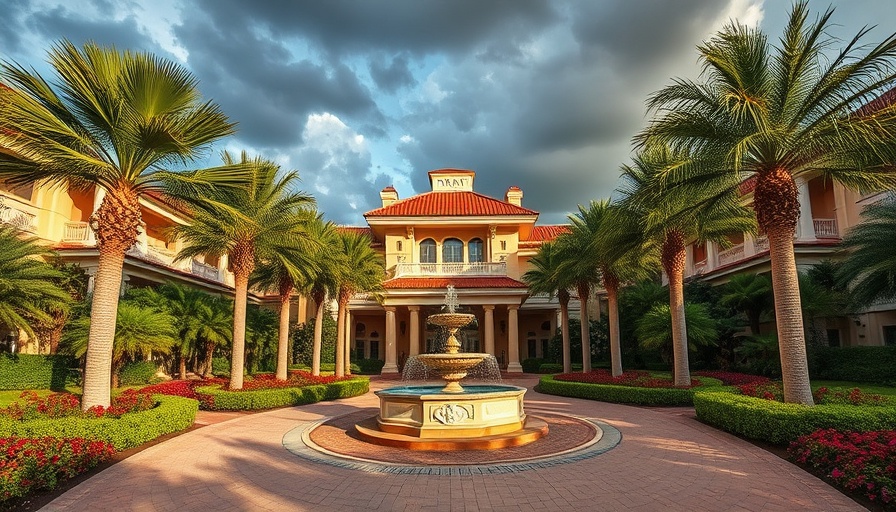 Scenic view of Trump Doral Resort entrance with fountain and palms.
