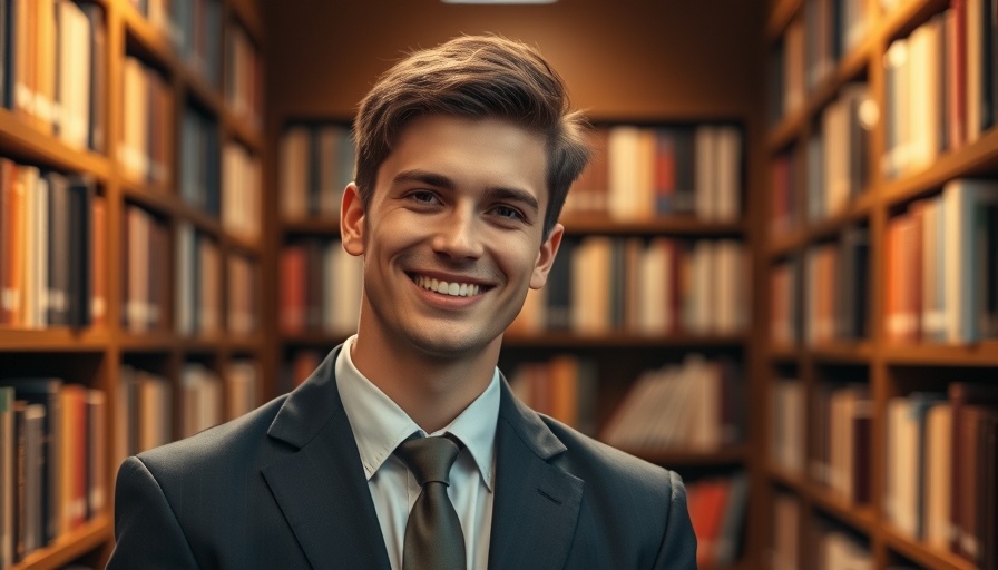 Professional portrait of a smiling man in a library setting.