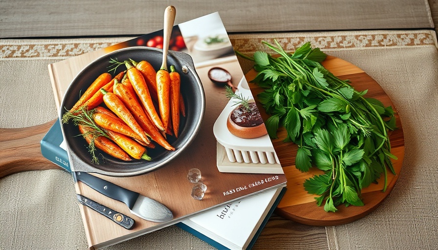 Whole foods cookbook with carrots and herbs on rustic table.