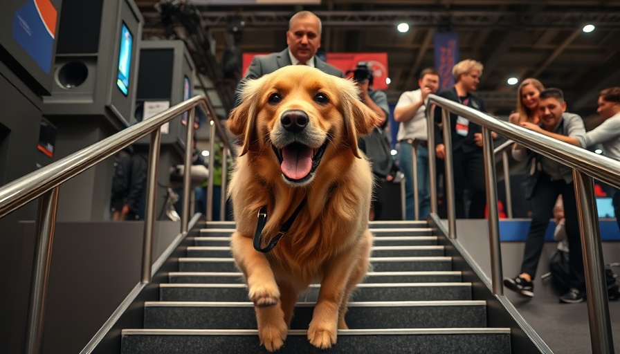 Friendly golden retriever walking down stairs with suited man at event.