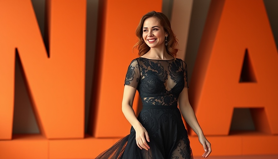 Elegant woman in black lace gown smiling, vibrant orange backdrop.
