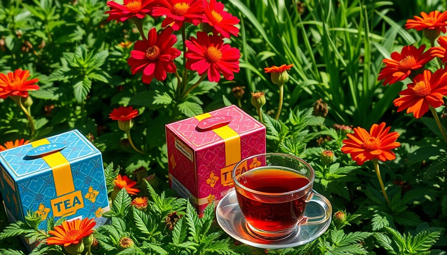 Tea boxes with Fair for Life Certification in a lush garden.