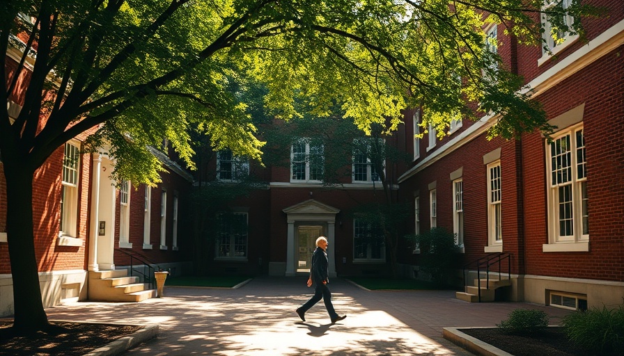 Academic campus courtyard during the day with a solitary figure