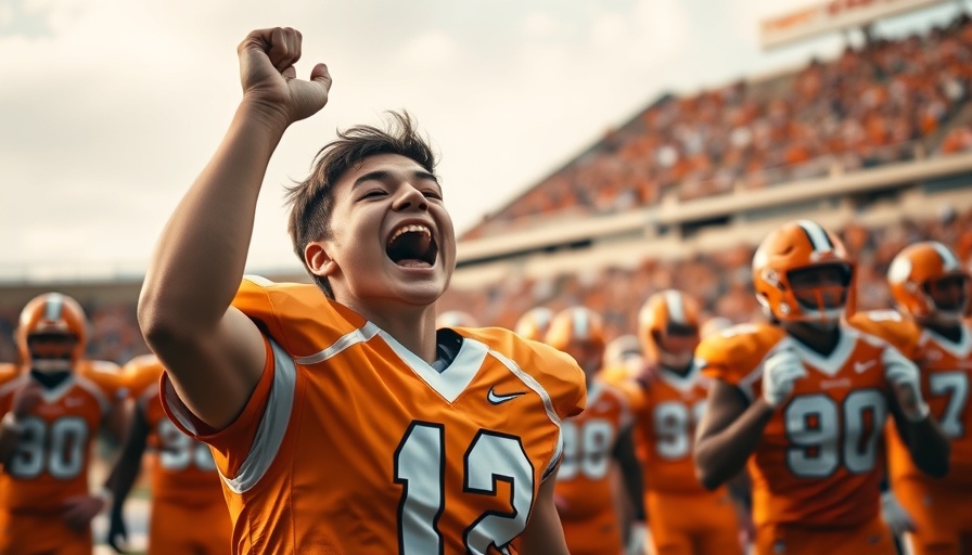 College football player celebrating a win with team.