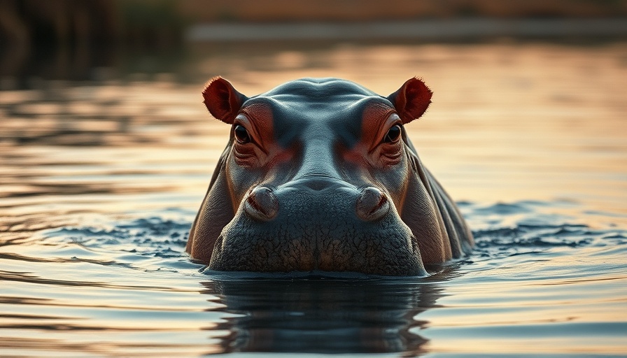 Hippo emerging from river water at sunset in a tranquil setting.