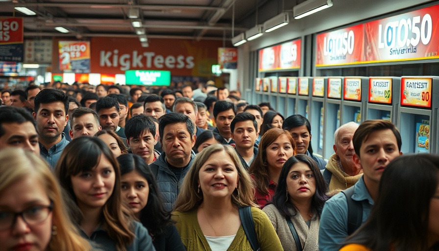Crowd in lottery store eagerly buying tickets.