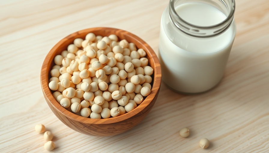 Soybeans and soy milk on a wooden table, promoting soybean prices recovery.