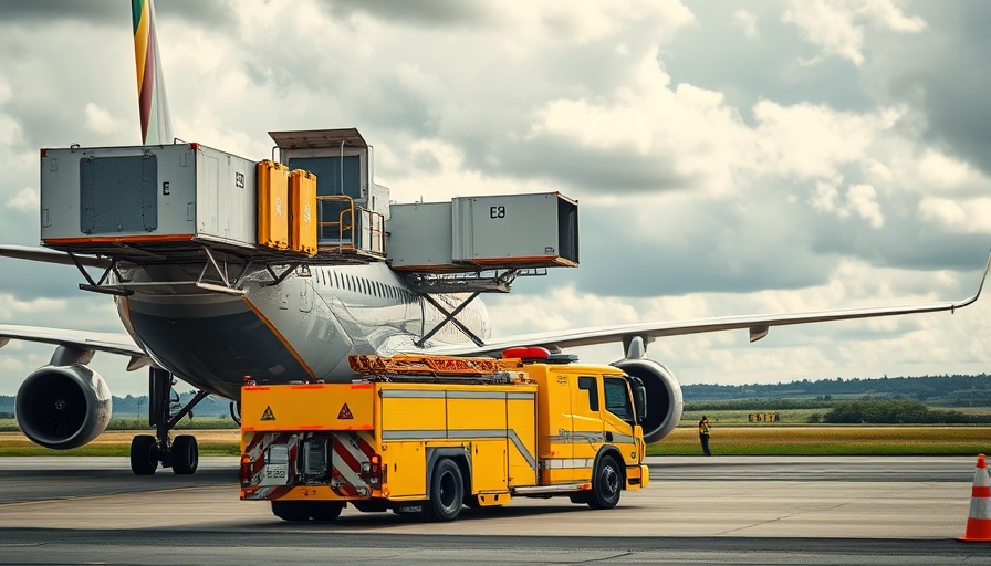 Commercial airplane emergency landing with safety crew and vehicle on runway.