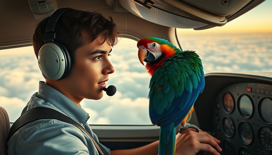 Young pilot flying small plane with parrot co-pilot, breaking news