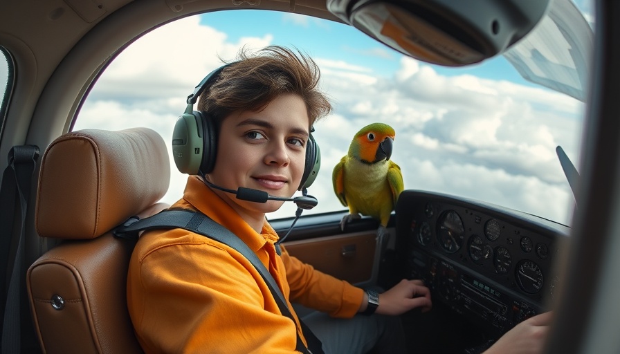 Young pilot with parrot in aircraft cockpit, cloudy sky visible.