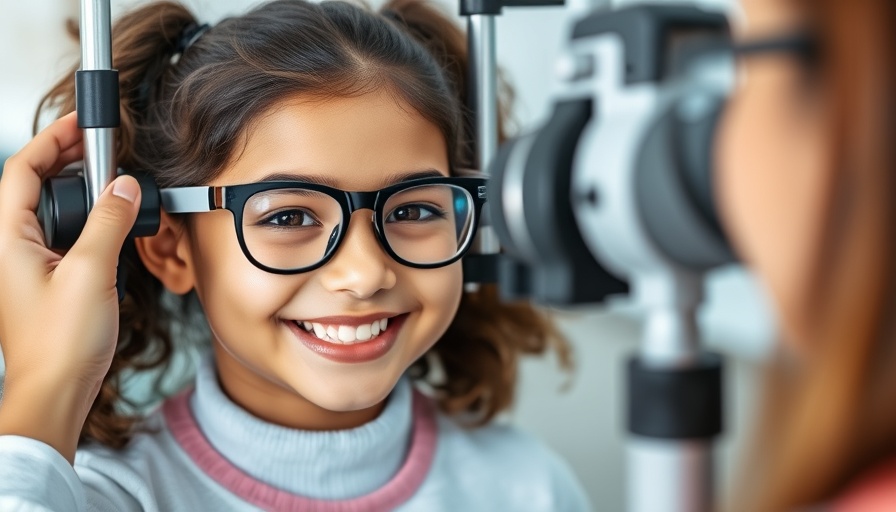Young girl at eye exam with trial frames, smiling brightly.