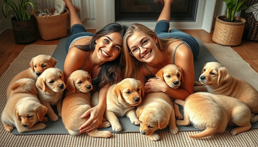 Two women with puppies enjoying relaxation on a yoga mat, promoting health and wellness.