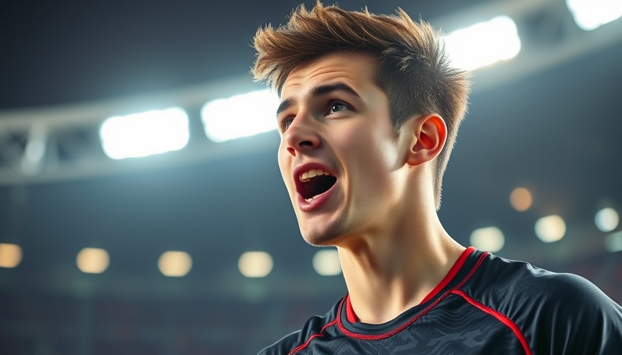 Enthusiastic sportsman in stadium, NFL news, night lights.