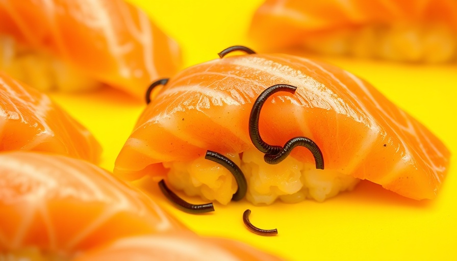 Salmon sushi with visible worms on yellow background.