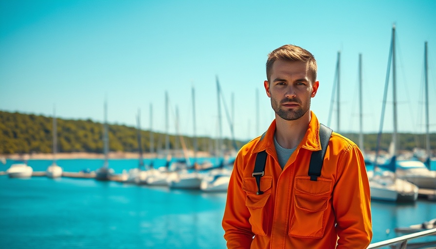 Man in orange jumpsuit with serious expression near tranquil marina with sailboats.